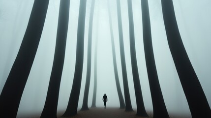 Wall Mural - A person walking through a foggy forest with trees, AI