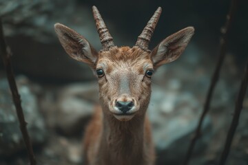 Sticker - Close-up portrait of a curious deer with large horns