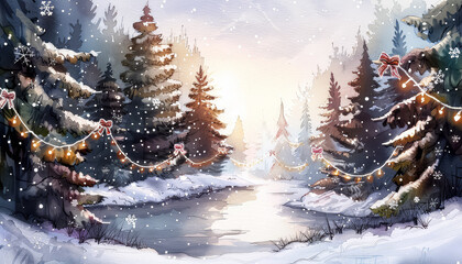 Wall Mural - A snowy forest with a river running through it