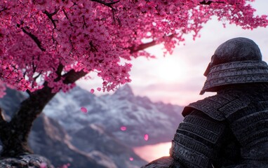 Sticker - Serene cherry blossom landscape with person in traditional clothing