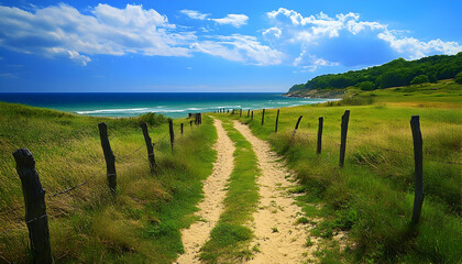 Wall Mural - A winding path leads to the ocean, with a wooden fence on the side.