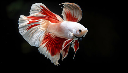 A close-up of a red and white Siamese fighting fish swimming in a black background.