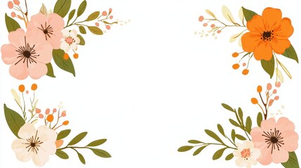 Wall Mural - Watercolor Floral Border Frame with Orange and Peach Flowers