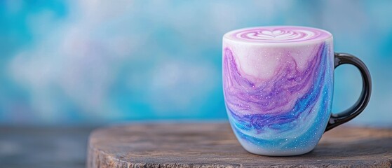 Wall Mural - Colorful Marbled Mug on Wooden Surface