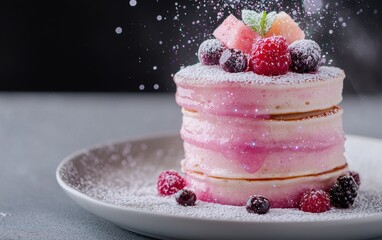 Poster - Delicious layered cake with fresh berries and powdered sugar