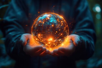 Mystical glowing orb held in hands, emitting vibrant orange and yellow light. Magical atmosphere with a sense of wonder and mysticism.