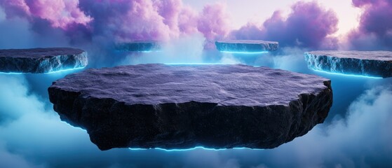 Surreal floating islands in a stormy sky