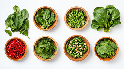 Bowls filled with vibrant green vegetables and herbs, ready to add flavor and freshness.