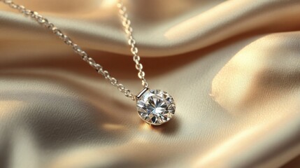 a diamond pendant glistening on a delicate chain, displayed on a silk fabric with soft lighting enha