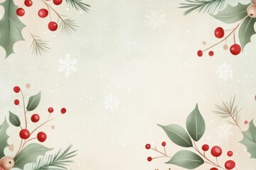 A festive winter background featuring holly leaves, berries, and delicate snowflakes for holiday-themed designs.