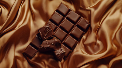 Wall Mural - A chocolate bar is on a gold-colored cloth. The chocolate bar is cut into squares