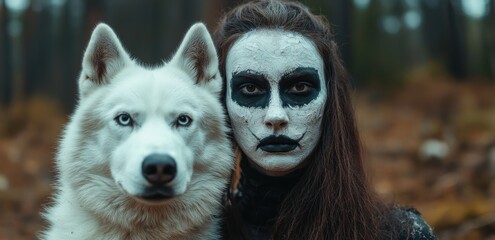 Sticker - woman with spooky makeup and white wolf