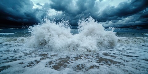 Wall Mural - Powerful ocean waves crashing against the shore during a storm