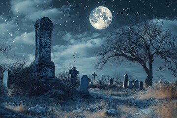 Sticker - Graveyard at Night with a Full Moon and Stars