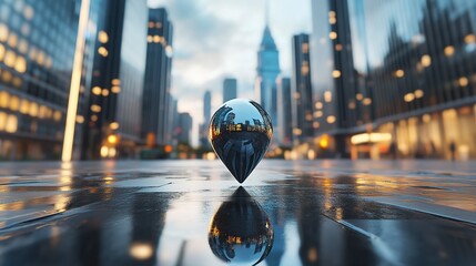 Poster - Photorealistic location pin in the middle of a modern city skyline, high-definition details, metallic pin with reflections, intricate buildings with glass facades, pin casting a shadow on the ground