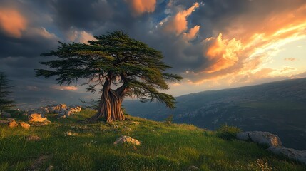 Canvas Print - Majestic Cedar of Lebanon Towering Among Mountainous Landscape with Dramatic Skies