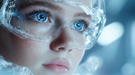 Canvas Print - Icy blue eyes of a woman behind cracked glass