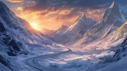 Canvas Print - A breathtaking panorama of a winding railway track snaking through a snow-covered mountain valley, with towering peaks reaching for the sky as the sun sets casting a warm glow.