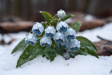 Wall Mural - Delicate blue flowers covered in snow