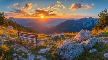 Wall Mural - A solitary bench overlooking a breathtaking sunset over a mountain range, with a wooden bench and rocks in the foreground. , mountain sunset, nature, panorama