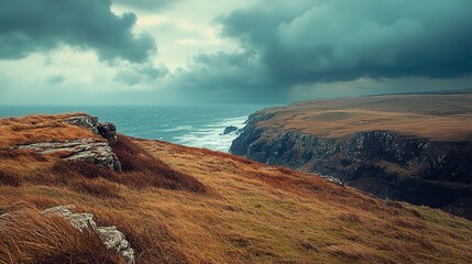 Canvas Print - dynamic windswept landscapes showcasing raw power untamed beauty, scenery, environment, wild, earth, sky, clouds, fields, terrain, horizon, rock, coast 