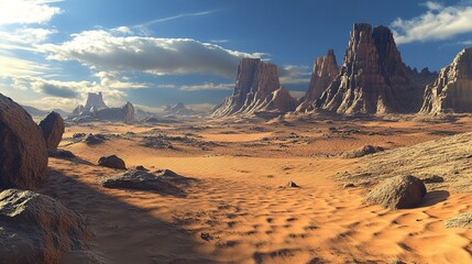 The rugged desert vista features intricate rock formations and sweeping sand dunes, with the bright midday sun