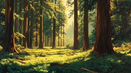 Poster - A majestic redwood forest bathed in morning light, panoramic vista emphasizing the towering trees