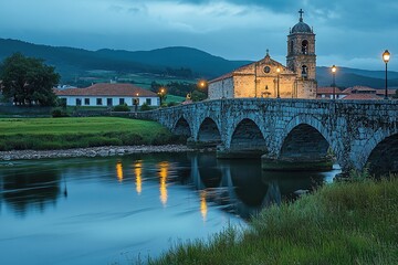 Photo of the bridge over Ria de A coruza in Galicia, with an old church and a bell tower on top