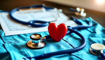 Heart-shaped stethoscope on medical history list and blue physicians uniform, symbolizing healthcare, cardiology, and patient protection