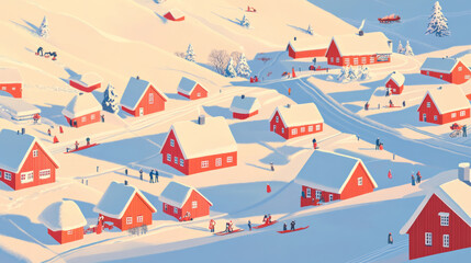 A village of red houses in the snow, with people celebrating Christmas and playing on sleds