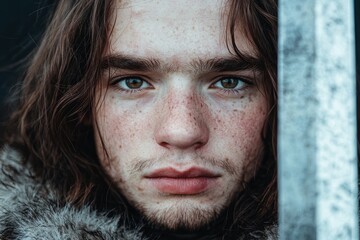 Poster - close-up portrait of a young person with intense gaze