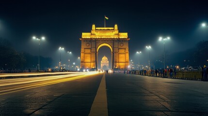 The iconic India Gate in New Delhi, illuminated at night.