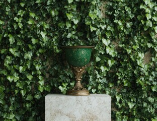 ornate green chalice on marble pedestal surrounded by lush foliage