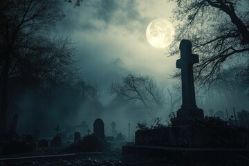 Sticker - A Graveyard Under a Full Moon with Fog and Silhouetted Trees