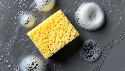 Effortless cleaning with sponges and vibrant soapy foam on a minimalist gray backdrop