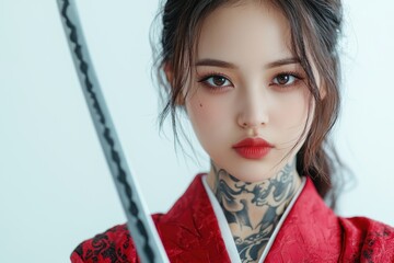 Poster - Mysterious asian woman with tattoos and red outfit