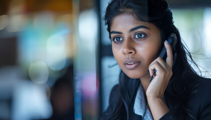 Wall Mural - A woman is talking on a cell phone while wearing a suit