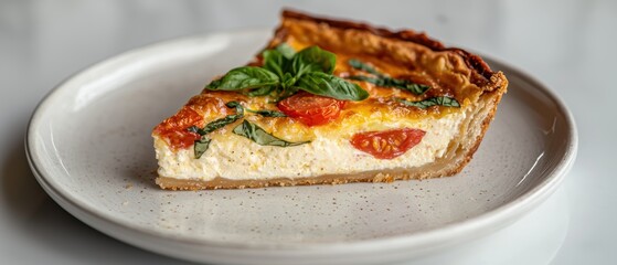 Delicious homemade quiche with tomatoes and basil