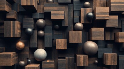 Wall Mural - Abstract 3D Composition of Wooden Shapes and Spherical Forms