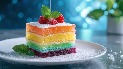 Poster - colorful layered cake with fresh raspberries and mint leaves