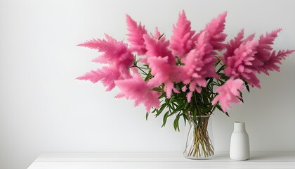 Elegant arrangement of fluffy pink flowers in vase set against a clean white wall and table, creating a minimalistic floral holiday composition.