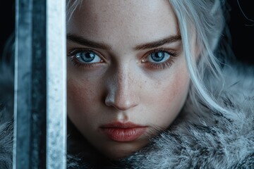 Sticker - close-up portrait of a woman with striking blue eyes