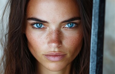 Poster - Intense blue eyes of a young woman with freckles