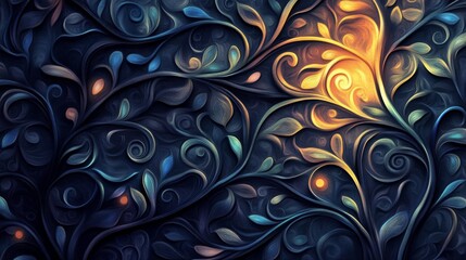 Wall Mural - Abstract Dark Floral Pattern with Glowing Elements