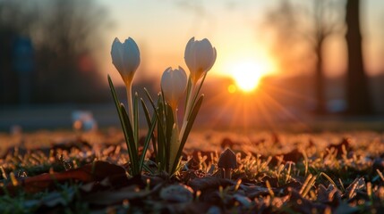 Wall Mural - Spring Meadow Blooms: Leucojum Vernum, Galanthus Nivalis, and Crocus Sieberi Illuminated by Morning Sun