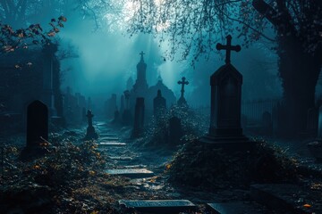 Canvas Print - A Foggy Path Through a Graveyard with Stone Crosses and Tombstones