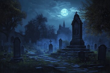 Poster - A Moonlit Graveyard with Tombstones and a Church in the Distance