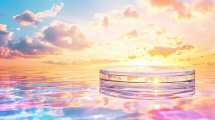 Glass Podium Mockup with Sunset and Water Reflection