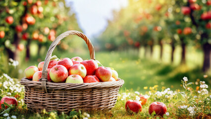 Wall Mural - Fresh red apples in a basket with apple trees in background, sunny day