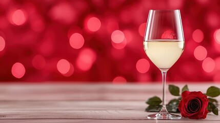 Romantic White Wine with Red Rose and Bokeh Background